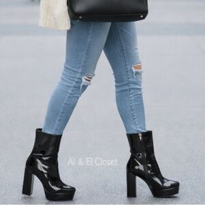 Guess BYRA Women’s Platform Block Heel Ankle Boots Black Patent, Size 10 NWB